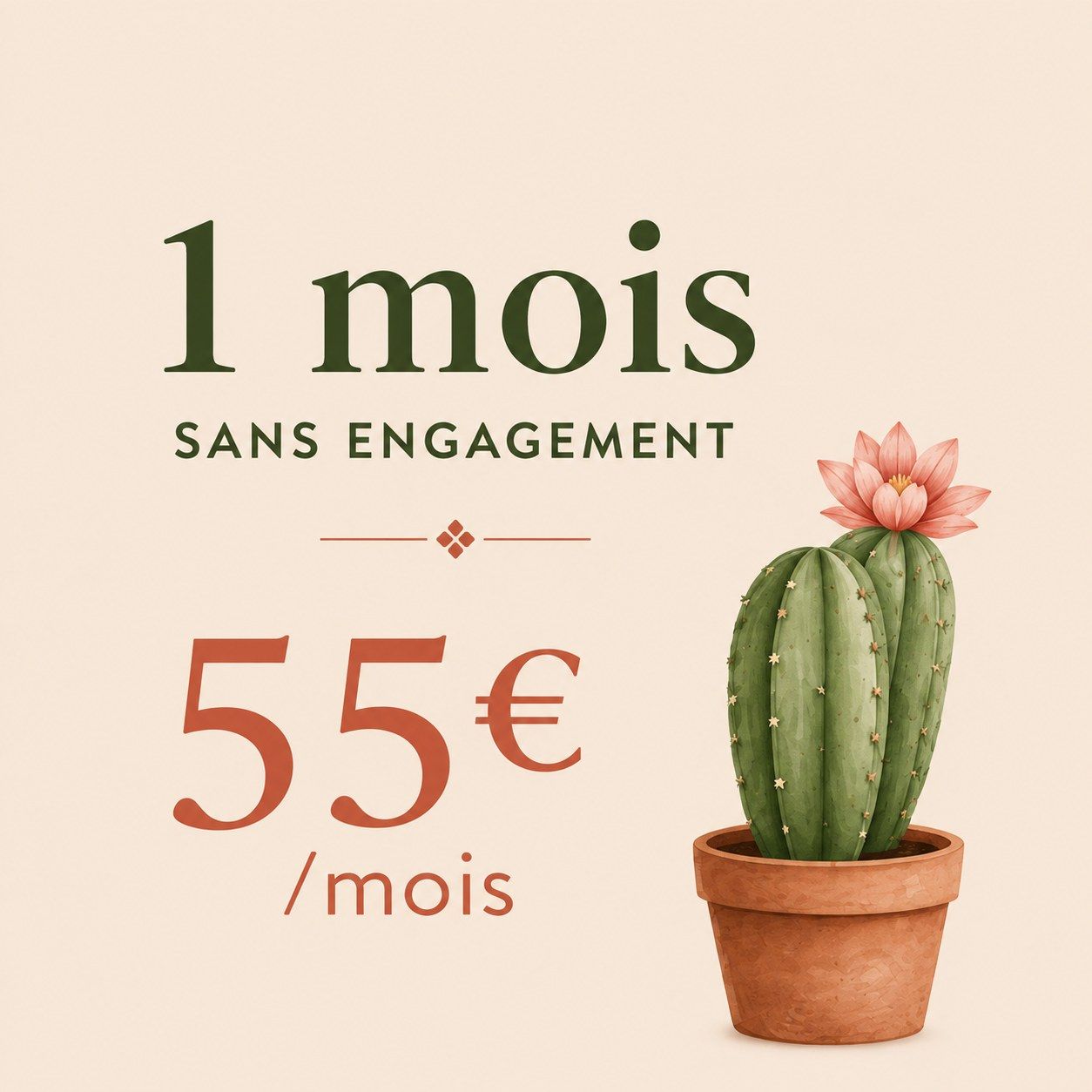 Vignette illustrée sur fond crème : 1 mois sans engagement, 55 € par mois, avec un cactus en fleur dans un pot en terre cuite