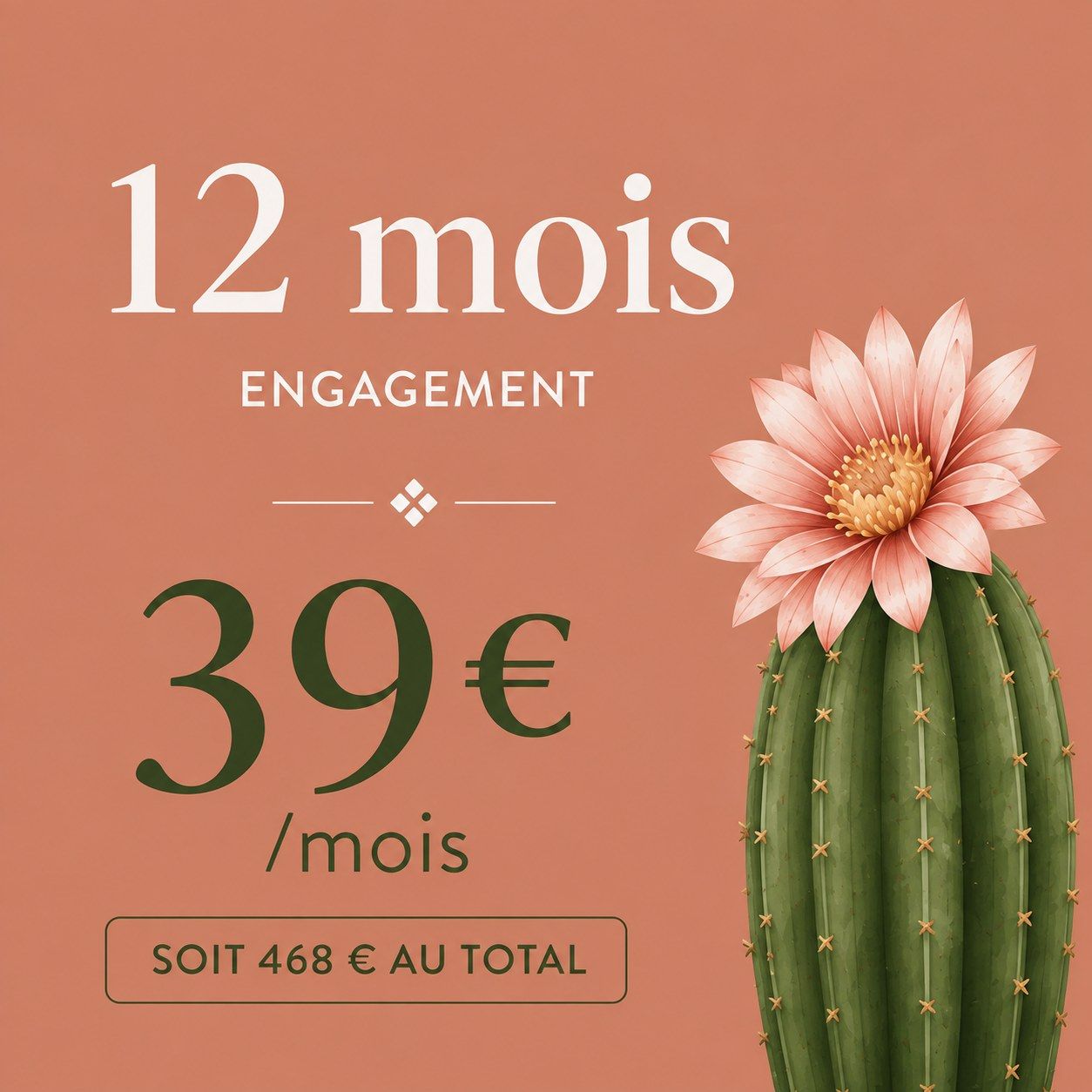 Vignette illustrée sur fond terracotta : 12 mois d'engagement, 39 € par mois, soit 468 € au total, avec un grand cactus en fleur