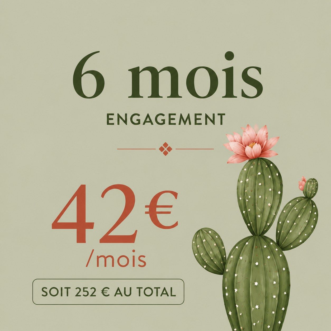 Vignette illustrée sur fond vert sauge : 6 mois d'engagement, 42 € par mois, soit 252 € au total, avec un cactus en fleur